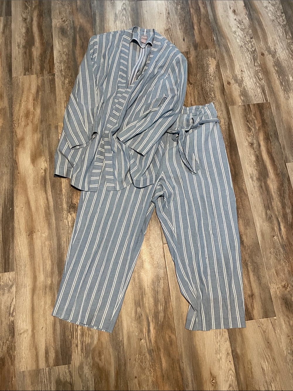 Chico's Blue and White Striped Cropped Linen Wide-Leg Pants & Jacket Set